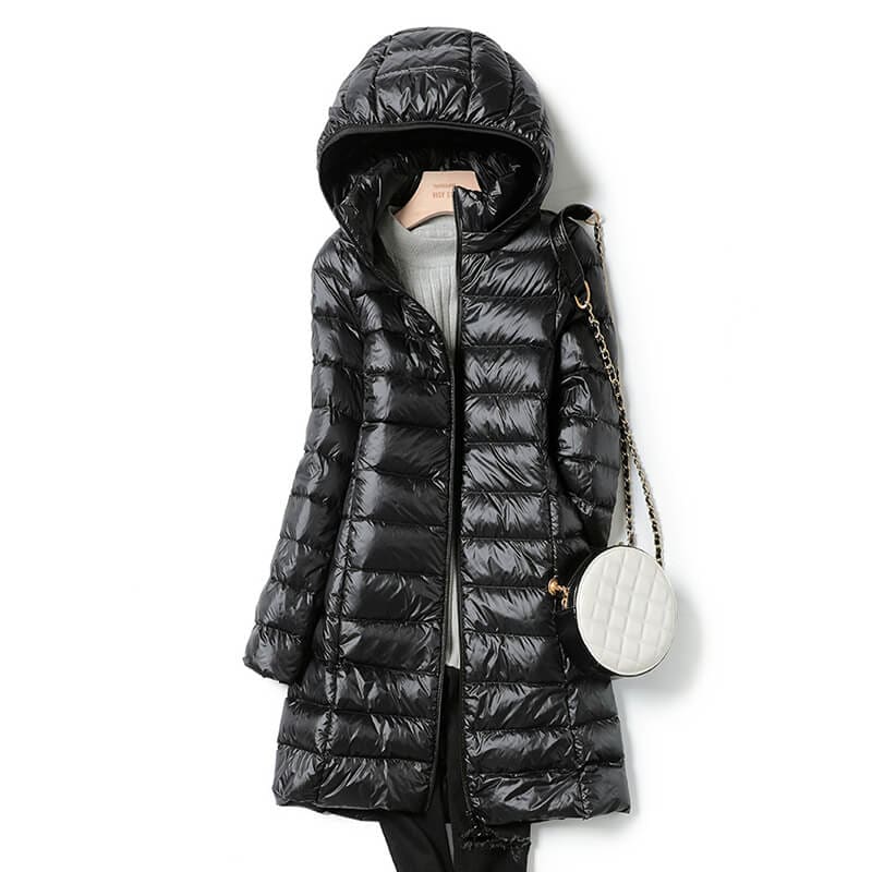 Jaqueta Puffer Feminina Alongada com Capuz e Pluma de Ganso Premium – Pafett