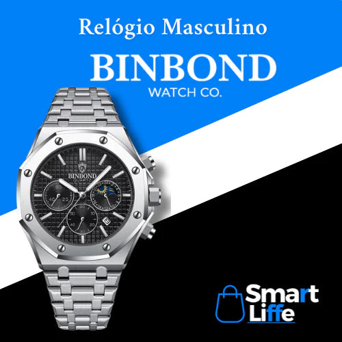 BINBOND Relógio Masculino de Luxo em Aço com Cronógrafo, Data e Mostrador Luminoso